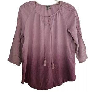 Como Vintage Women's Purple Ombre 3/4 Sleeve Pullover Boho Top Tassels Size M